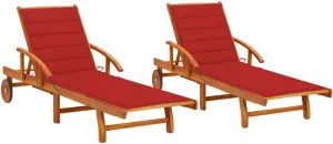 vidaXL Cushioned Solid Acacia Wood Sun Lounger with Adjustable Backrest and Wheels for Outdoor Patio Garden Relaxation 2 Comfy Red Cushions Wooden Chaise Lounge Day Bed Pool Deck Seating Chair