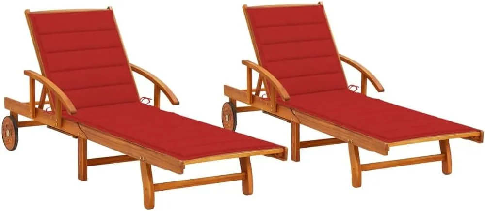 vidaXL Cushioned Solid Acacia Wood Sun Lounger with Adjustable Backrest and Wheels for Outdoor Patio Garden Relaxation 2 Comfy Red Cushions Wooden Chaise Lounge Day Bed Pool Deck Seating Chair