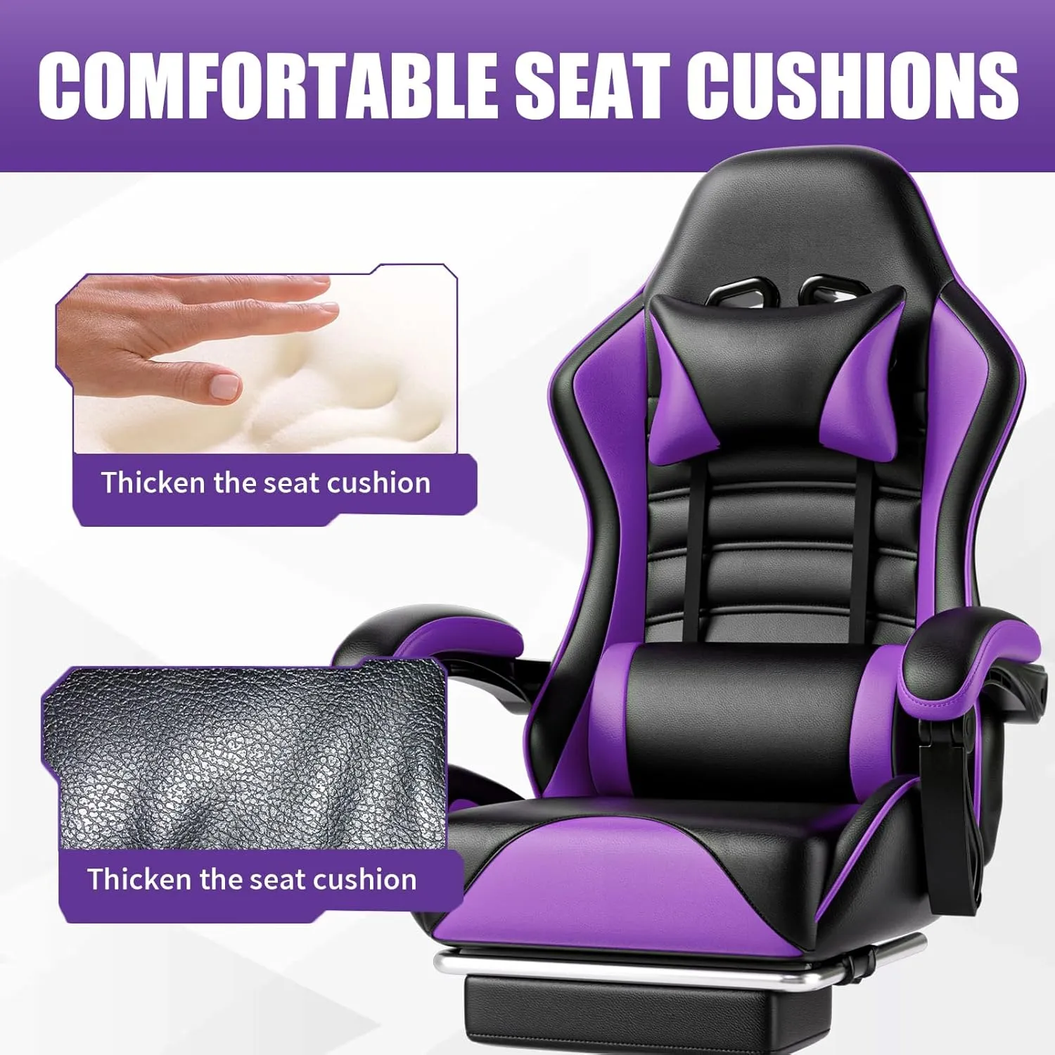 Video Game Chair for Adults, Computer Chair Gaming Chairs for Kids, Adjustable Lumbar Pillow Headrest Office Desk Chair Gamer Chair with Footrest, Purple