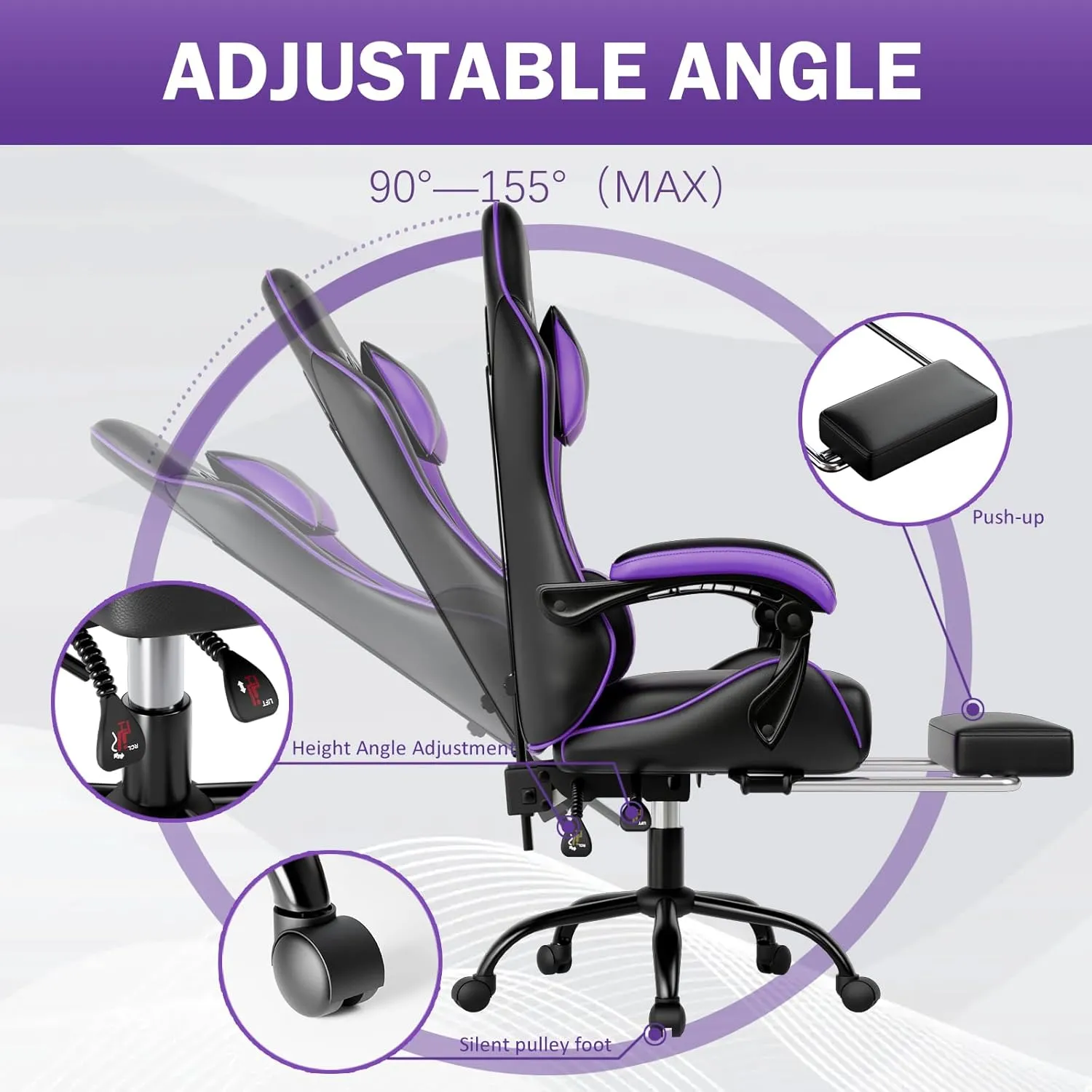 Video Game Chair for Adults, Computer Chair Gaming Chairs for Kids, Adjustable Lumbar Pillow Headrest Office Desk Chair Gamer Chair with Footrest, Purple