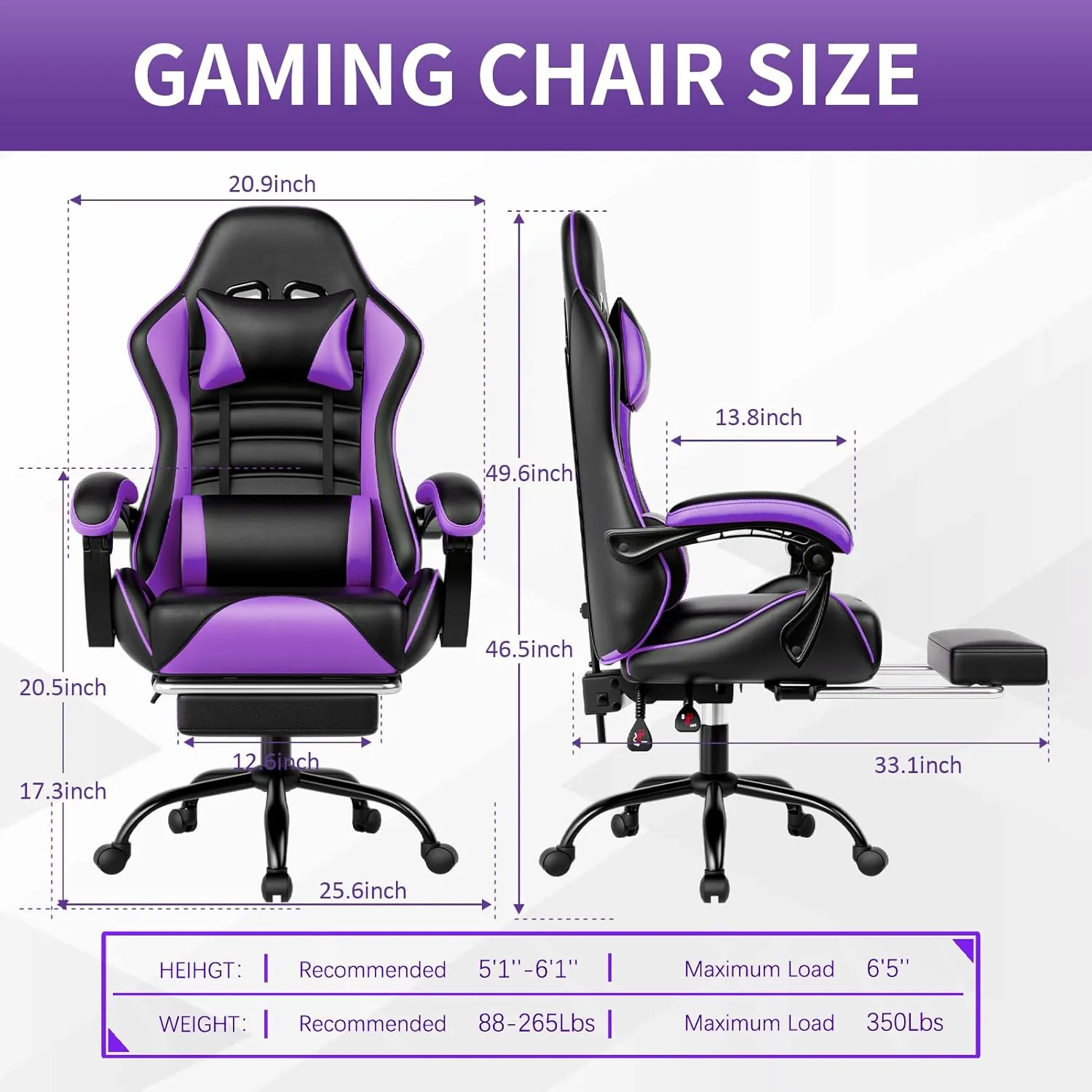 Video Game Chair for Adults, Computer Chair Gaming Chairs for Kids, Adjustable Lumbar Pillow Headrest Office Desk Chair Gamer Chair with Footrest, Purple