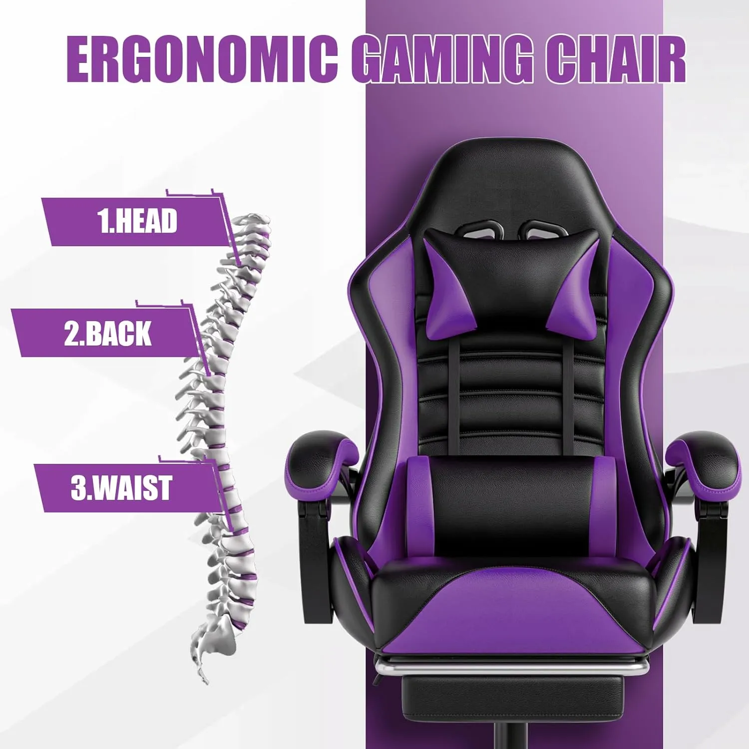 Video Game Chair for Adults, Computer Chair Gaming Chairs for Kids, Adjustable Lumbar Pillow Headrest Office Desk Chair Gamer Chair with Footrest, Purple