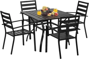 VINGLI 5-Piece Outdoor Dining Set, Metal Patio Dining Set for 4, Square Dining Table with Umbrella Hole & 4 Stackable Patio Chairs for Porch, Deck and Backyard