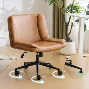 VINGLI Criss Cross Chair with Dual-Purpose Base,Thick Padded, Adjustable Armless Comfy Rolling Modern Computer Swivel Desk Chair for Home Office,Makeup VanityWaxed PU,Brown