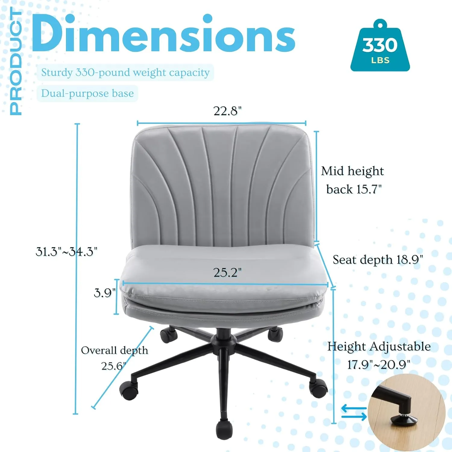 VINGLI Criss Cross Chair with Wheels & pegs,Dual-Base Wide Armless Comfy Desk Chair Cross Legged,Adjustable Swivel Modern Vanity Chair,Computer Rolling Chair for Home Office,Makeup,Waxed PU,Grey