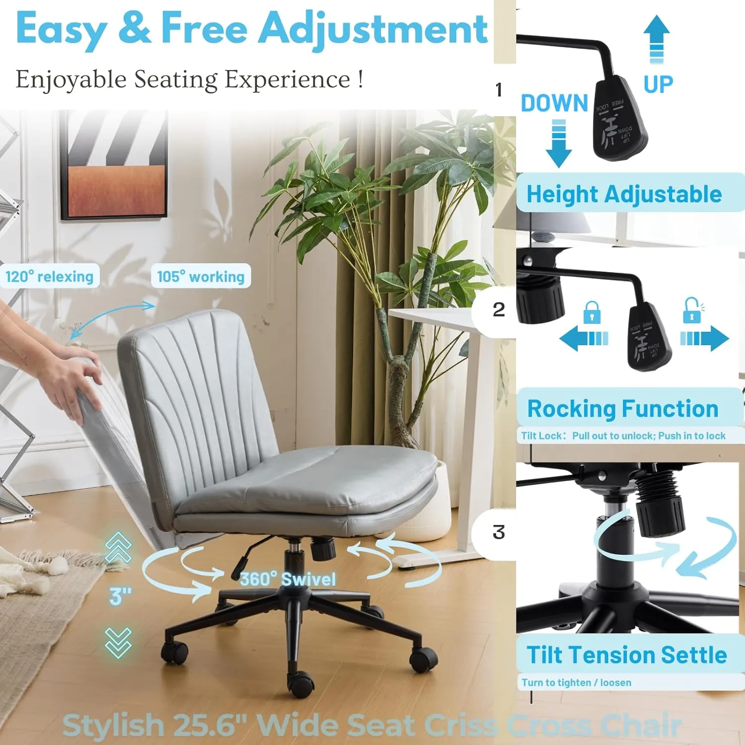 VINGLI Criss Cross Chair with Wheels & pegs,Dual-Base Wide Armless Comfy Desk Chair Cross Legged,Adjustable Swivel Modern Vanity Chair,Computer Rolling Chair for Home Office,Makeup,Waxed PU,Grey