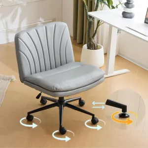 VINGLI Criss Cross Chair with Wheels & pegs,Dual-Base Wide Armless Comfy Desk Chair Cross Legged,Adjustable Swivel Modern Vanity Chair,Computer Rolling Chair for Home Office,Makeup,Waxed PU,Grey