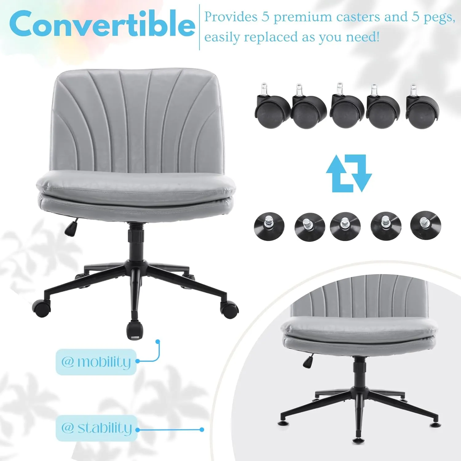 VINGLI Criss Cross Chair with Wheels & pegs,Dual-Base Wide Armless Comfy Desk Chair Cross Legged,Adjustable Swivel Modern Vanity Chair,Computer Rolling Chair for Home Office,Makeup,Waxed PU,Grey