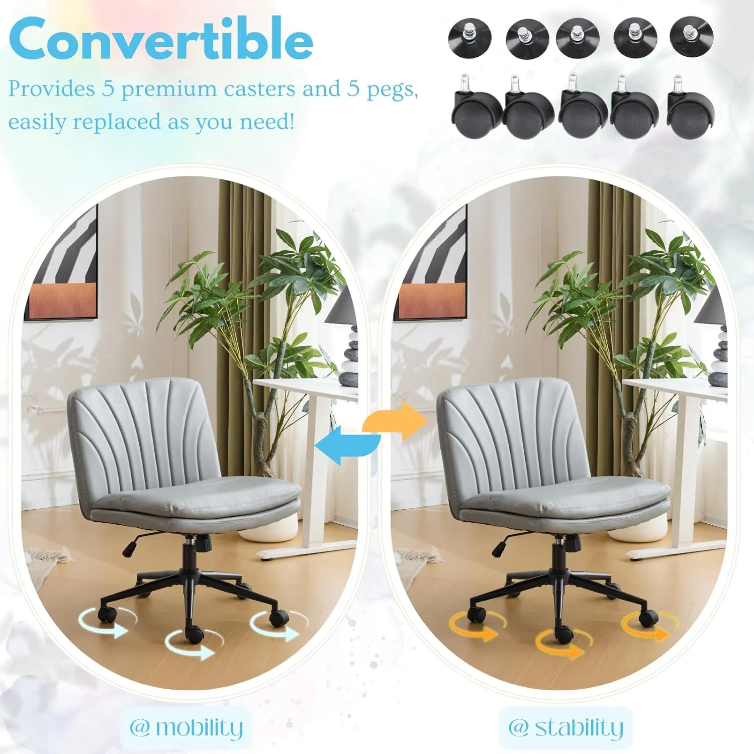 VINGLI Criss Cross Chair with Wheels & pegs,Dual-Base Wide Armless Comfy Desk Chair Cross Legged,Adjustable Swivel Modern Vanity Chair,Computer Rolling Chair for Home Office,Makeup,Waxed PU,Grey