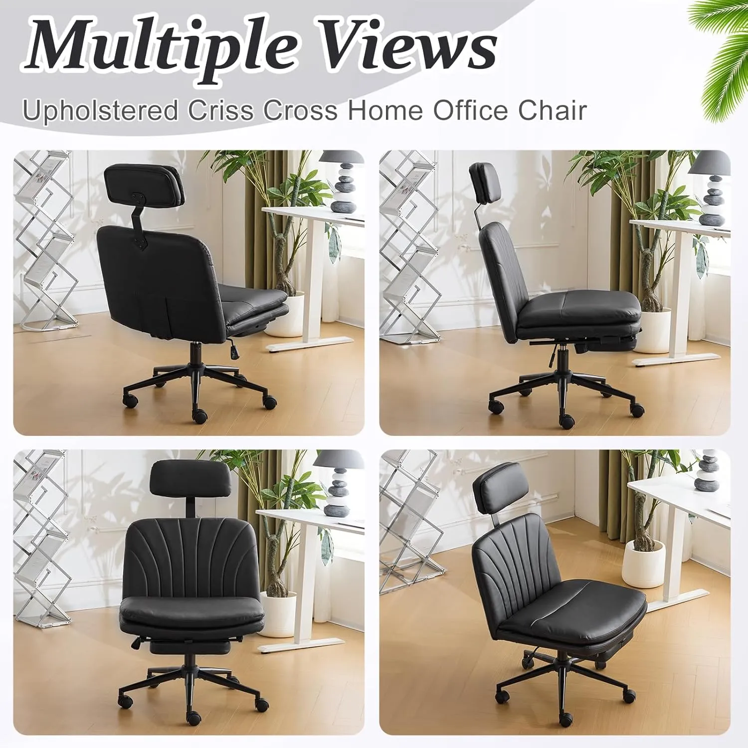 VINGLI Criss Cross Office Chair,PU Leather Computer Chair,Dual-Use with/no Wheels,Comfy High Back Lumbar Support Desk Chair,360 Degree Swivel Chair with Headrest/Footrest Pedal, Black