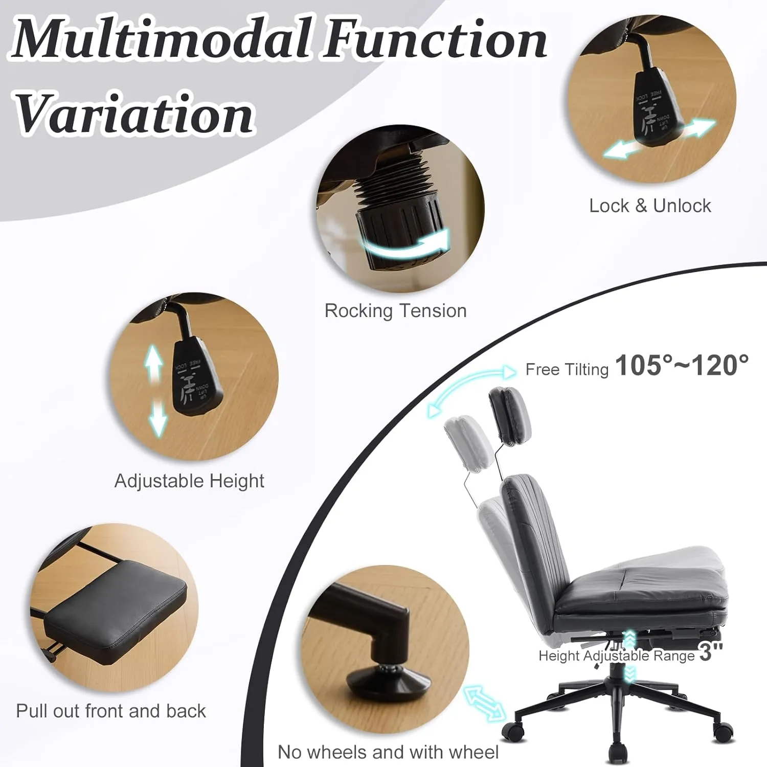 VINGLI Criss Cross Office Chair,PU Leather Computer Chair,Dual-Use with/no Wheels,Comfy High Back Lumbar Support Desk Chair,360 Degree Swivel Chair with Headrest/Footrest Pedal, Black