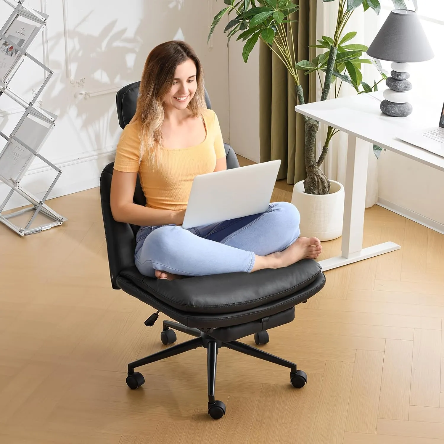 VINGLI Criss Cross Office Chair,PU Leather Computer Chair,Dual-Use with/no Wheels,Comfy High Back Lumbar Support Desk Chair,360 Degree Swivel Chair with Headrest/Footrest Pedal, Black