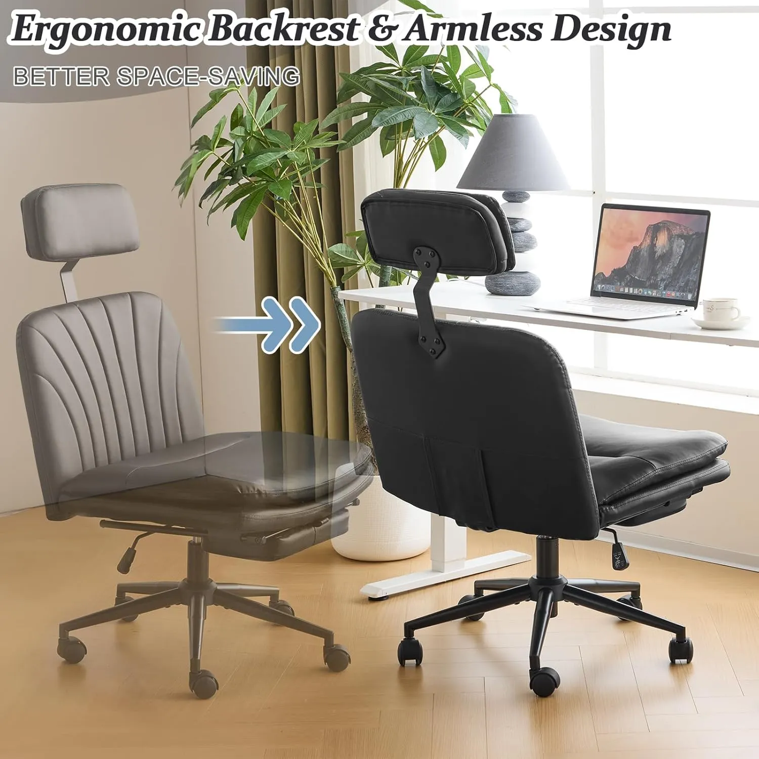VINGLI Criss Cross Office Chair,PU Leather Computer Chair,Dual-Use with/no Wheels,Comfy High Back Lumbar Support Desk Chair,360 Degree Swivel Chair with Headrest/Footrest Pedal, Black