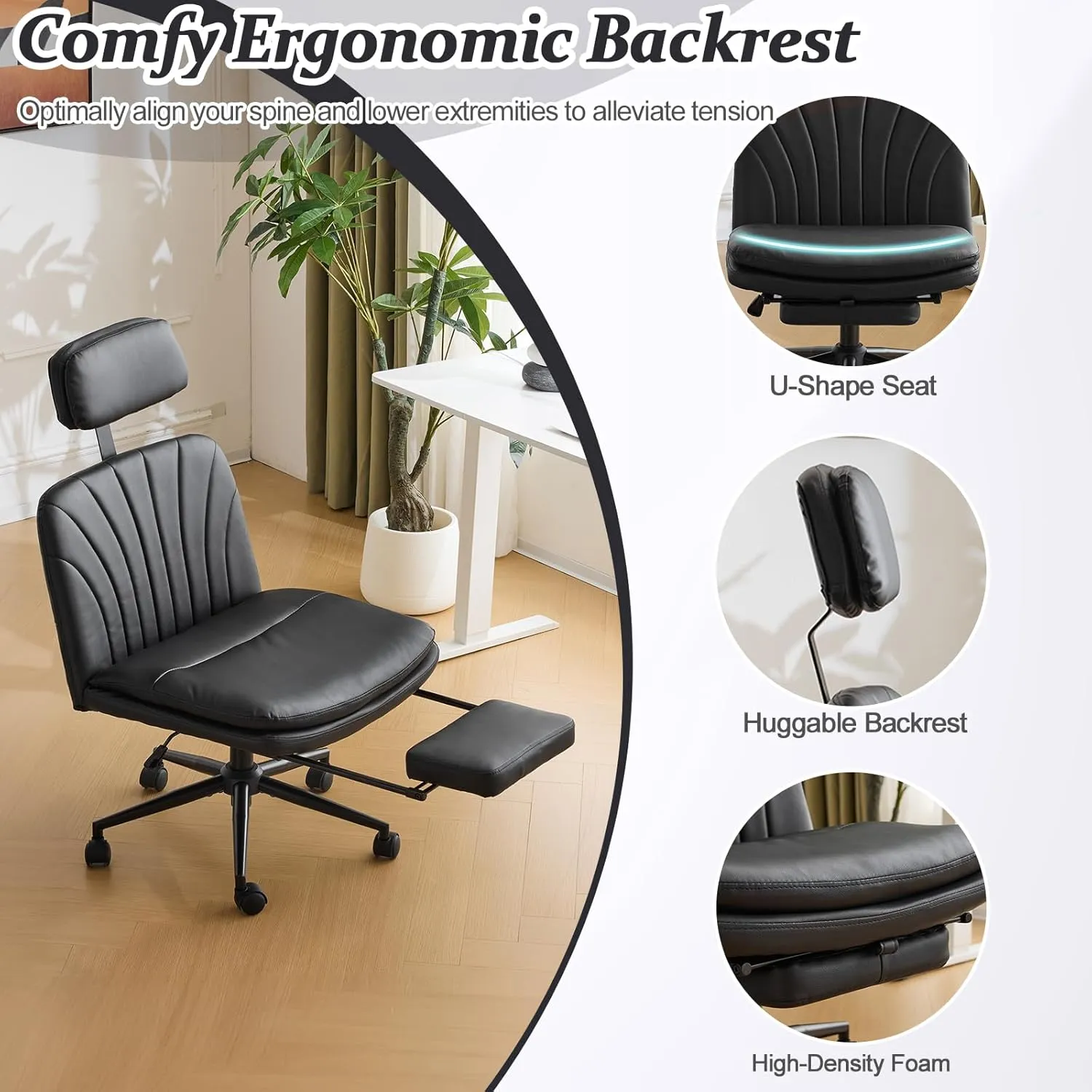 VINGLI Criss Cross Office Chair,PU Leather Computer Chair,Dual-Use with/no Wheels,Comfy High Back Lumbar Support Desk Chair,360 Degree Swivel Chair with Headrest/Footrest Pedal, Black