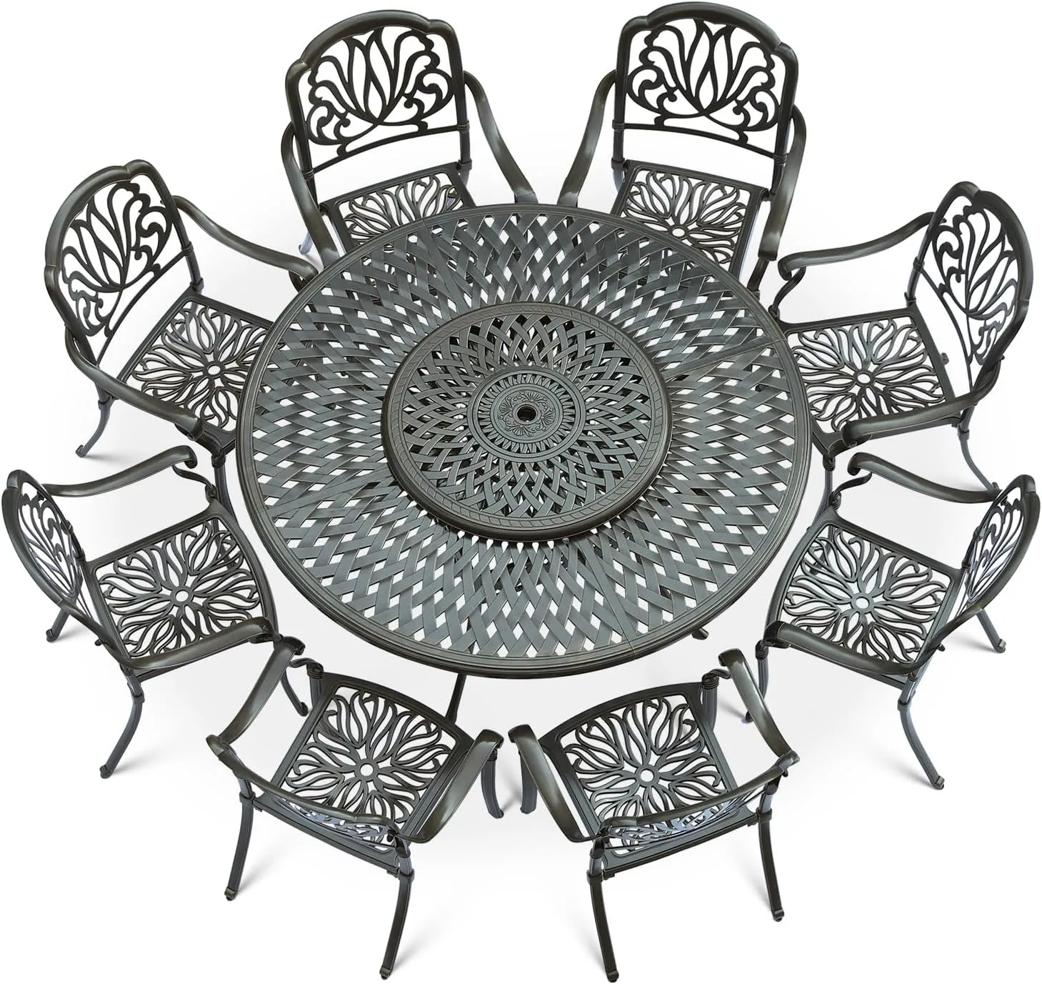 VIVIJASON 9-Piece Patio Furniture Dining Set, Rust-Free Cast Aluminum Outdoor Conversation Set, Include 8 Chairs & 61" Round Dining Table with 31" Lazy Susan, Umbrella Hole for Lawn Garden