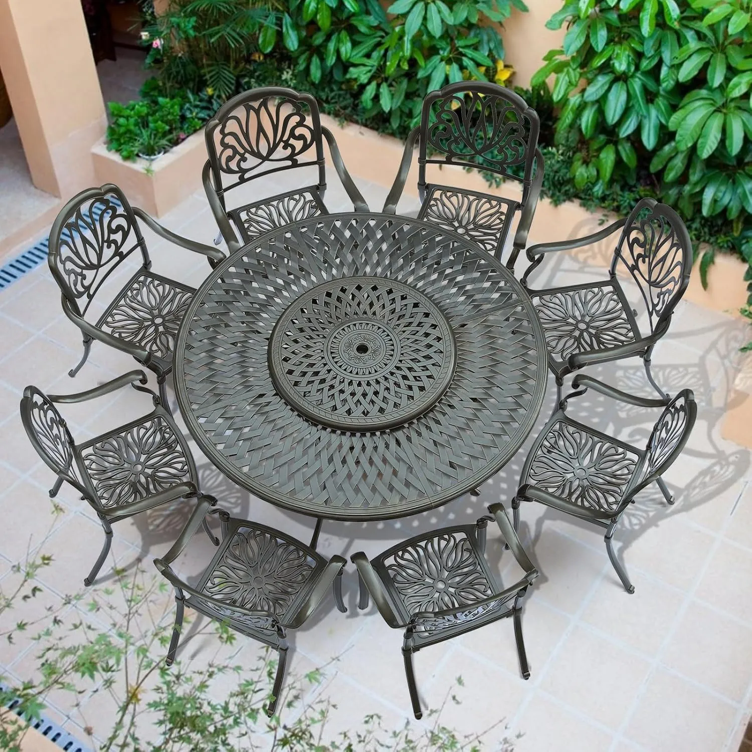 VIVIJASON 9-Piece Patio Furniture Dining Set, Rust-Free Cast Aluminum Outdoor Conversation Set, Include 8 Chairs & 61" Round Dining Table with 31" Lazy Susan, Umbrella Hole for Lawn Garden