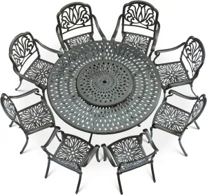 VIVIJASON 9-Piece Patio Furniture Dining Set, Rust-Free Cast Aluminum Outdoor Conversation Set, Include 8 Chairs & 61" Round Dining Table with 31" Lazy Susan, Umbrella Hole for Lawn Garden