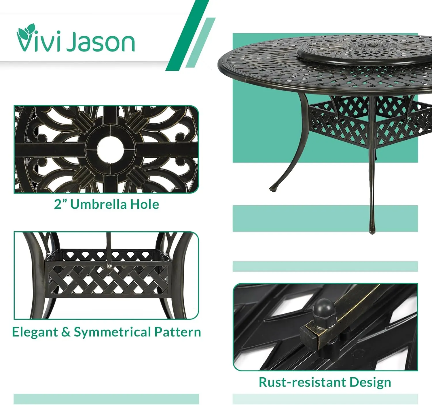 VIVIJASON 9-Piece Patio Furniture Dining Set, Rust-Free Cast Aluminum Outdoor Conversation Set, Include 8 Chairs & 61" Round Dining Table with 31" Lazy Susan, Umbrella Hole for Lawn Garden