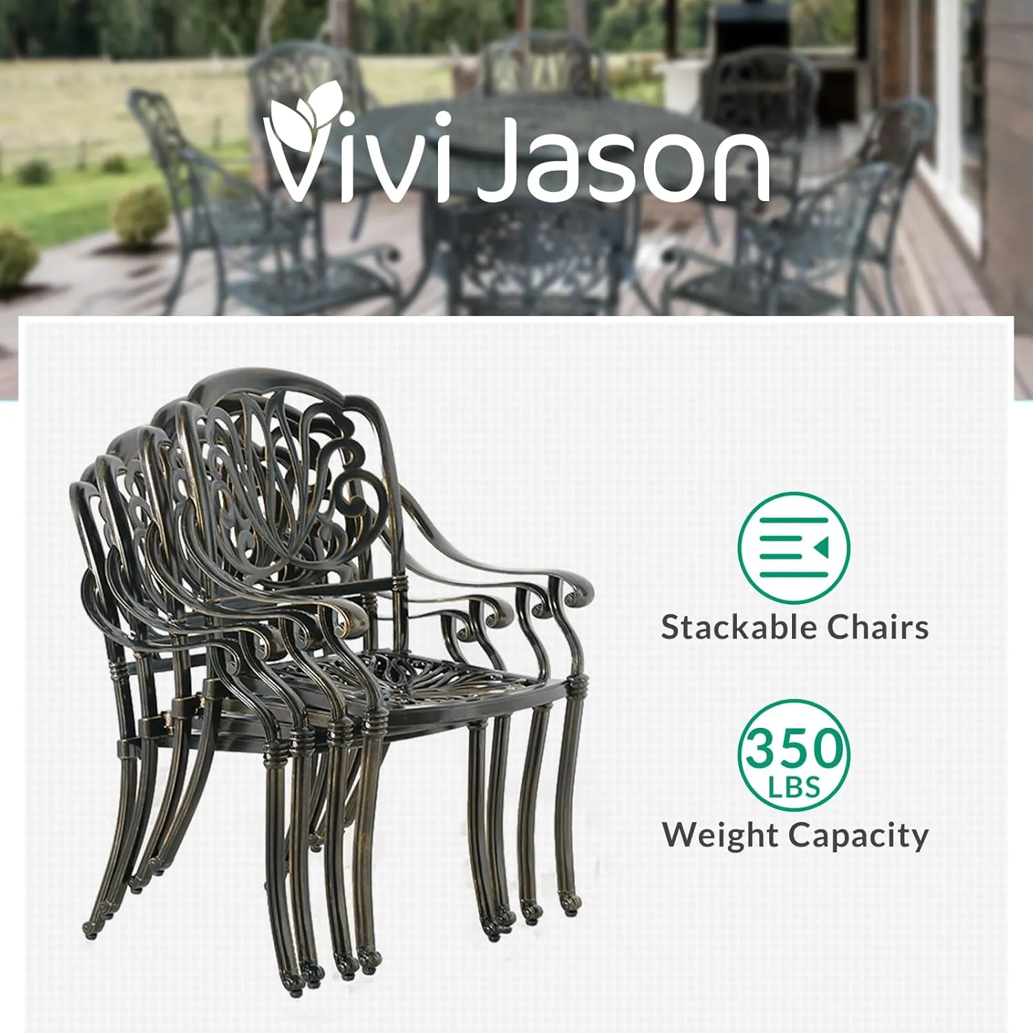 VIVIJASON 9-Piece Patio Furniture Dining Set, Rust-Free Cast Aluminum Outdoor Conversation Set, Include 8 Chairs & 61" Round Dining Table with 31" Lazy Susan, Umbrella Hole for Lawn Garden