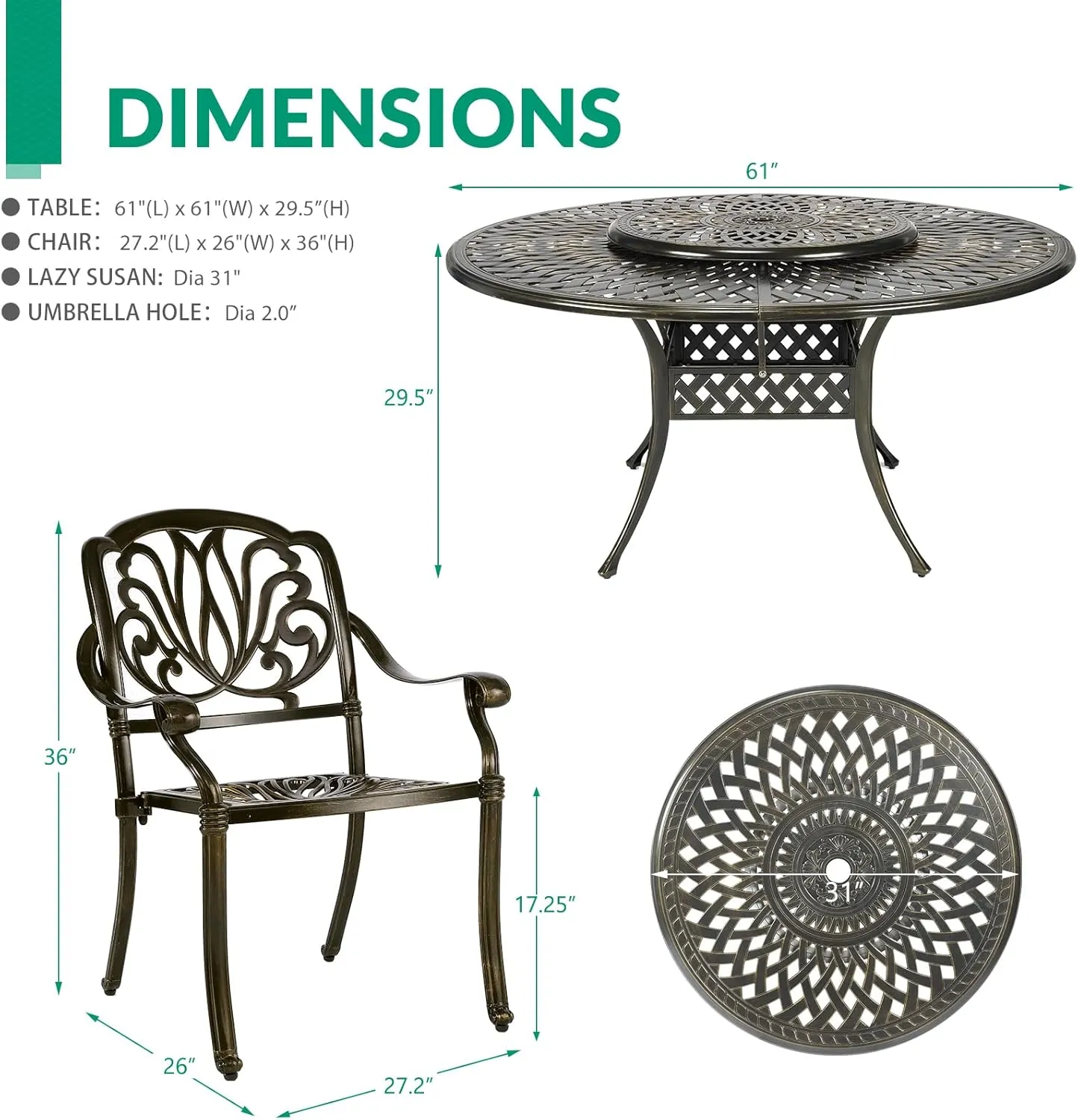 VIVIJASON 9-Piece Patio Furniture Dining Set, Rust-Free Cast Aluminum Outdoor Conversation Set, Include 8 Chairs & 61" Round Dining Table with 31" Lazy Susan, Umbrella Hole for Lawn Garden