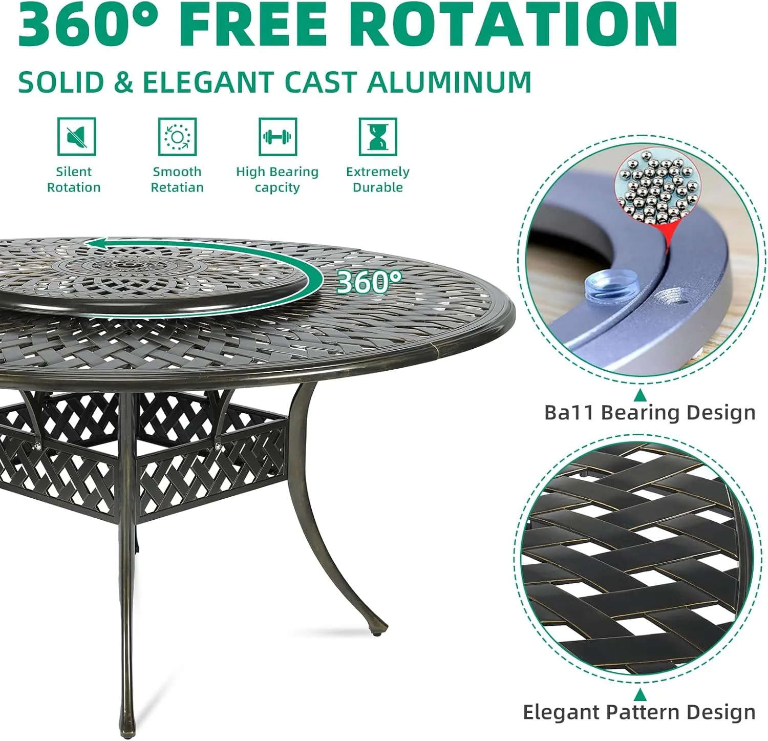VIVIJASON 9-Piece Patio Furniture Dining Set, Rust-Free Cast Aluminum Outdoor Conversation Set, Include 8 Chairs & 61" Round Dining Table with 31" Lazy Susan, Umbrella Hole for Lawn Garden