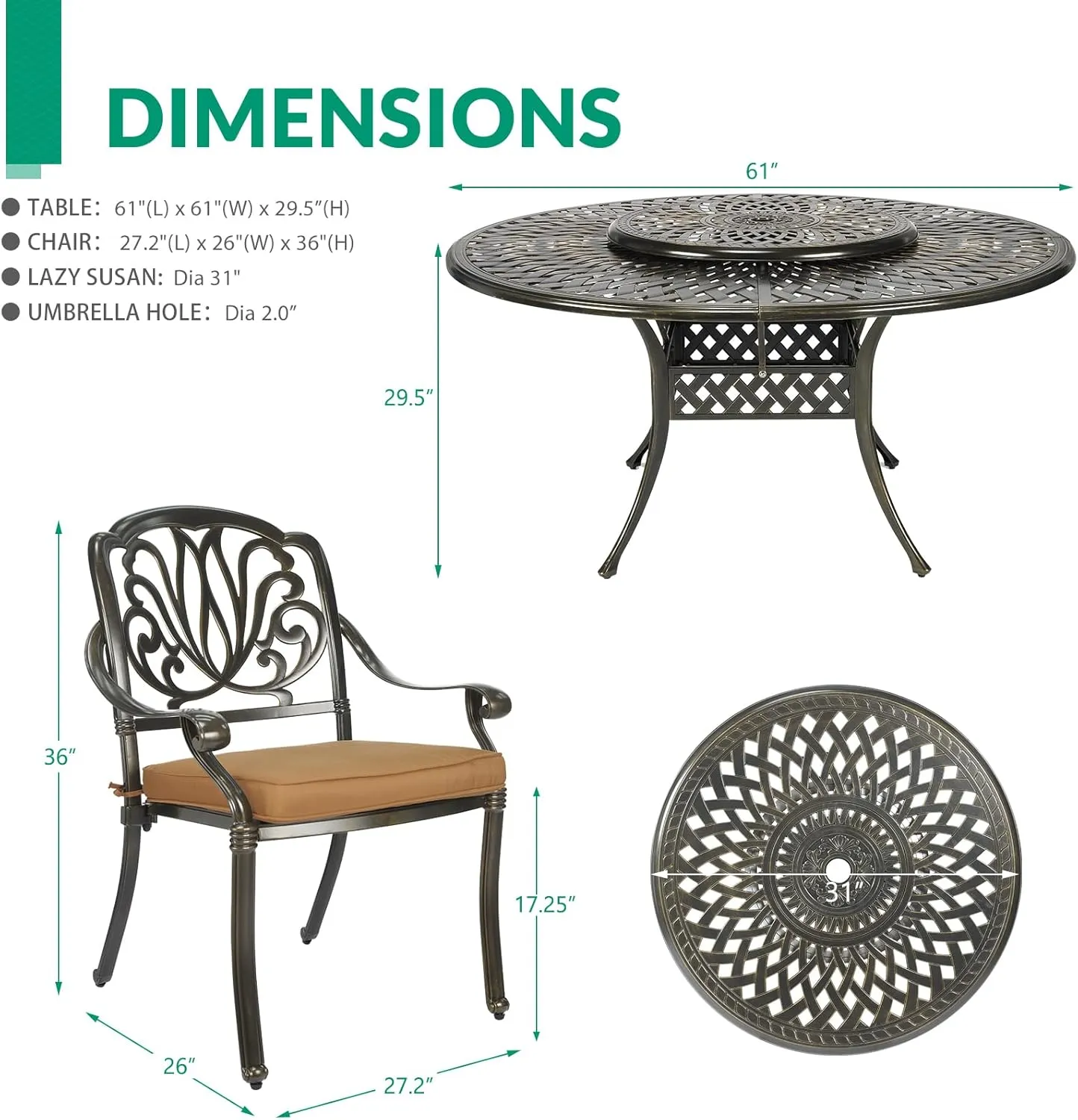 VIVIJASON 9-Piece Patio Furniture Dining Set, Rust-Free Cast Aluminum Outdoor Conversation Set, Include 8 Cushioned Chairs & 61" Round Dining Table with 31" Lazy Susan, Umbrella Hole, Khaki