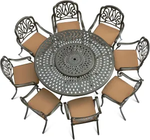 VIVIJASON 9-Piece Patio Furniture Dining Set, Rust-Free Cast Aluminum Outdoor Conversation Set, Include 8 Cushioned Chairs & 61" Round Dining Table with 31" Lazy Susan, Umbrella Hole, Khaki
