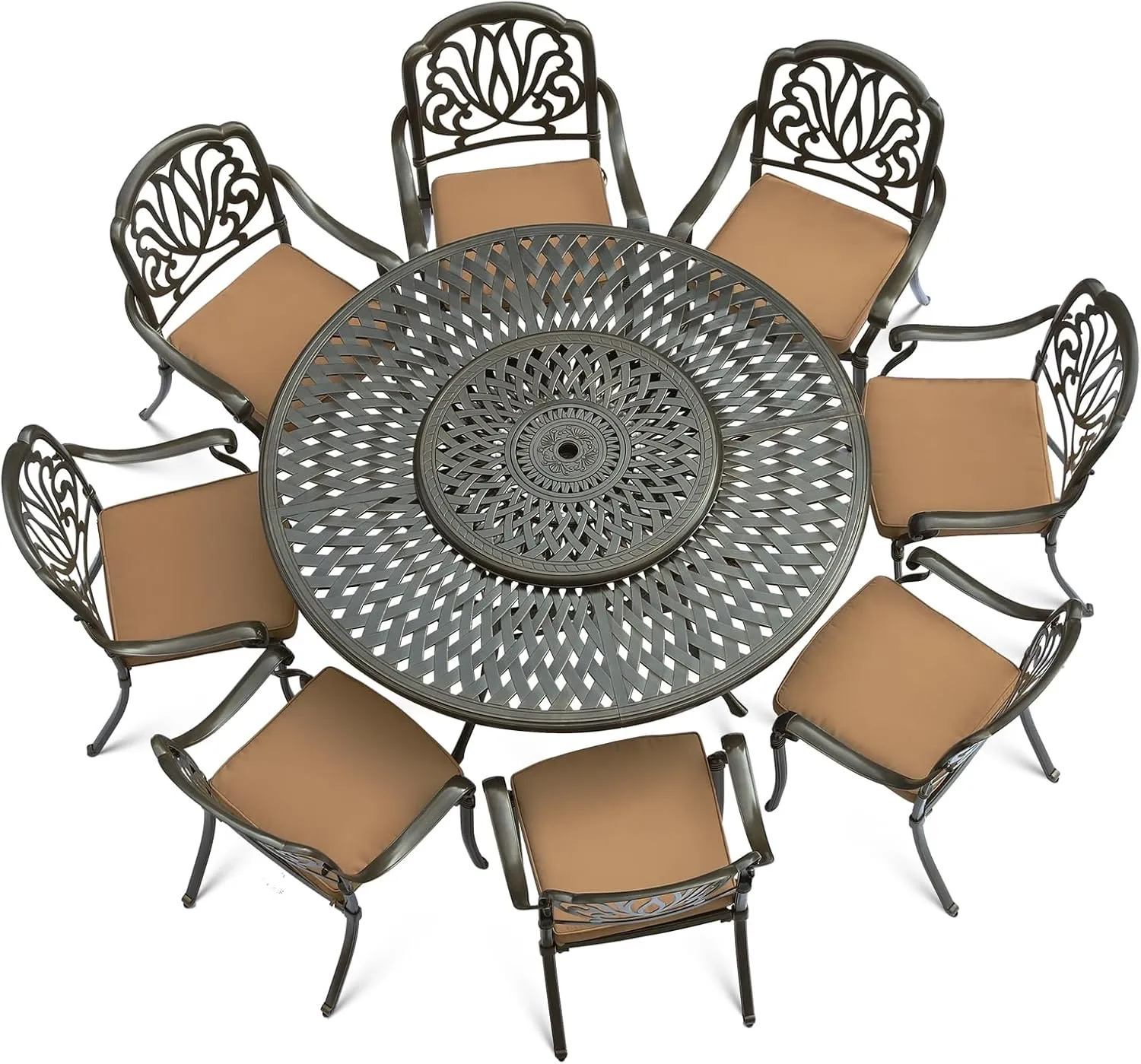 VIVIJASON 9-Piece Patio Furniture Dining Set, Rust-Free Cast Aluminum Outdoor Conversation Set, Include 8 Cushioned Chairs & 61" Round Dining Table with 31" Lazy Susan, Umbrella Hole, Khaki