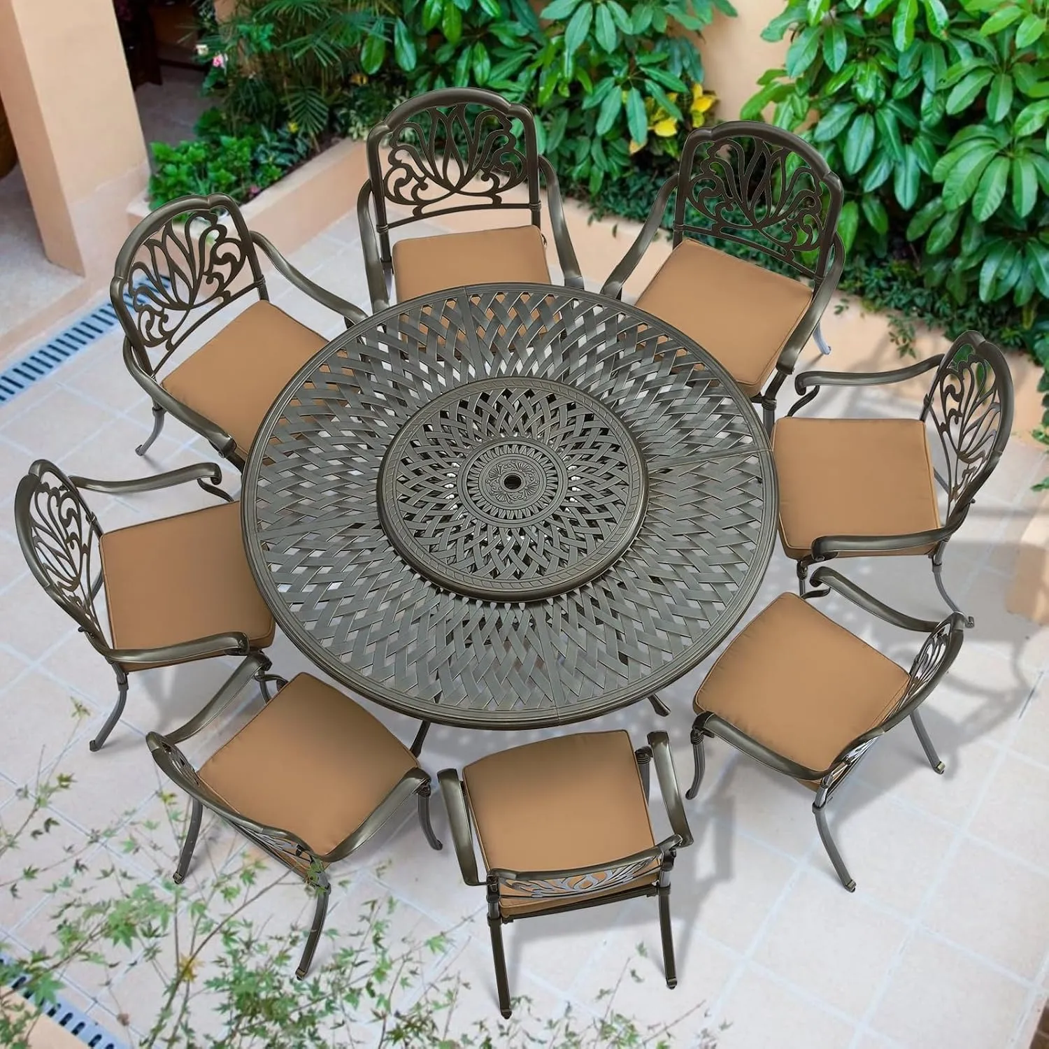 VIVIJASON 9-Piece Patio Furniture Dining Set, Rust-Free Cast Aluminum Outdoor Conversation Set, Include 8 Cushioned Chairs & 61" Round Dining Table with 31" Lazy Susan, Umbrella Hole, Khaki