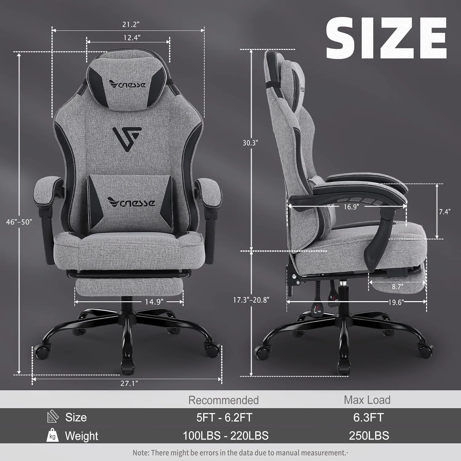 Vonesse Gaming Chair, Computer Chair Fabric with Pocket Spring Cushion, Office Chair with Footrest and Massage Lumbar Support, Reclining Gaming Chairs for Adults 250LBS (Grey)