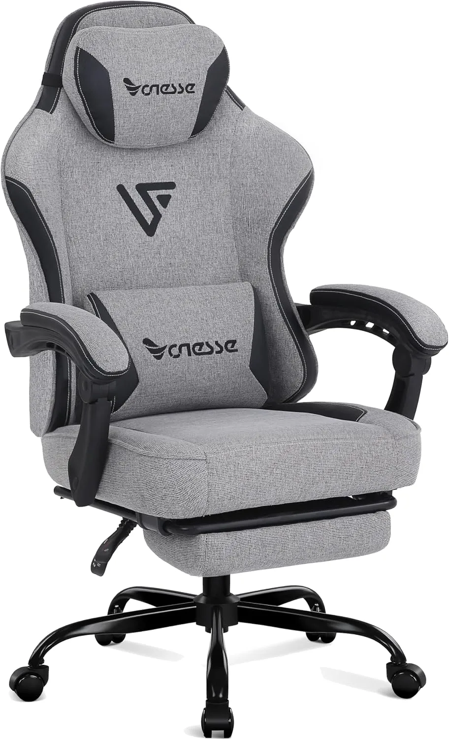 Vonesse Gaming Chair, Computer Chair Fabric with Pocket Spring Cushion, Office Chair with Footrest and Massage Lumbar Support, Reclining Gaming Chairs for Adults 250LBS (Grey)