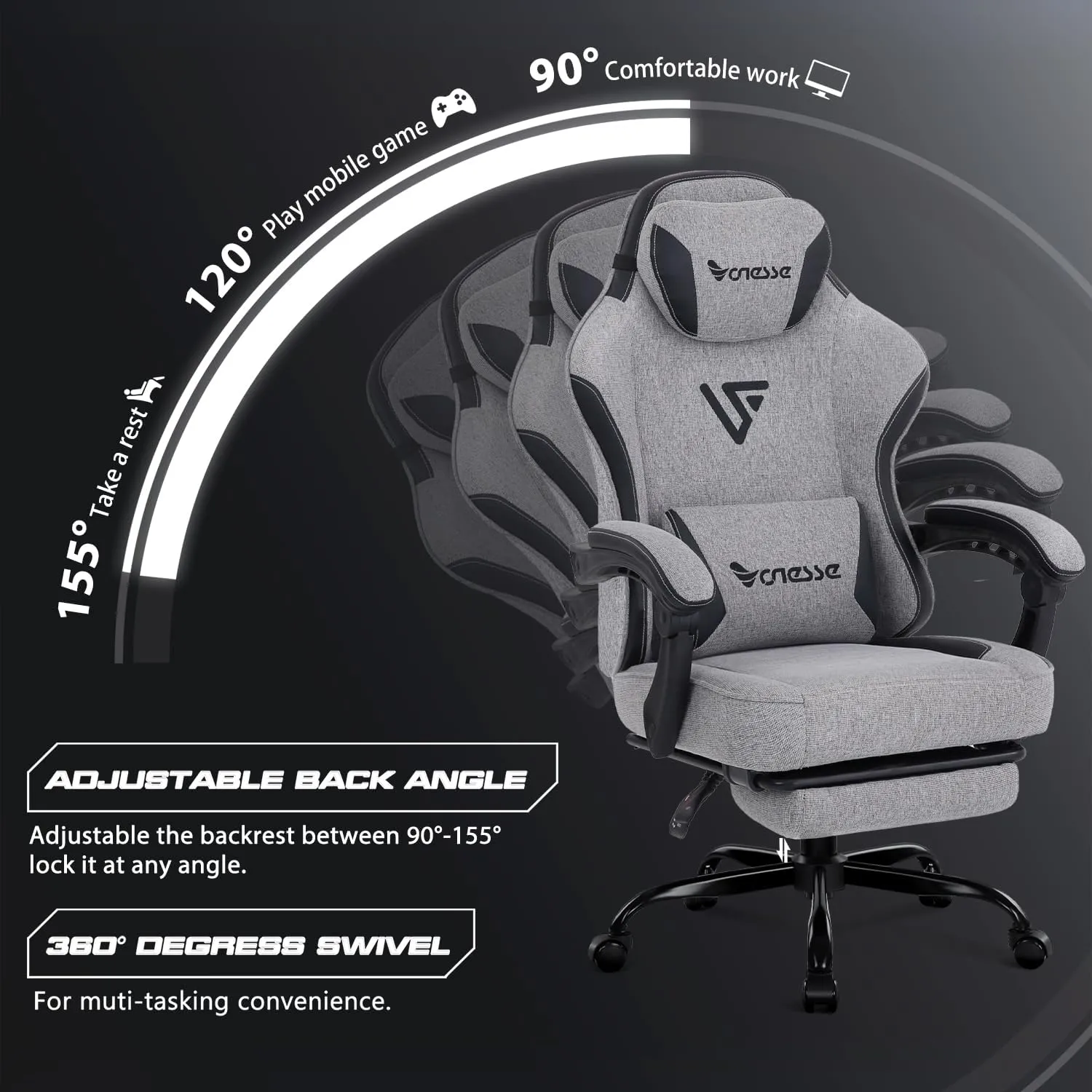 Vonesse Gaming Chair, Computer Chair Fabric with Pocket Spring Cushion, Office Chair with Footrest and Massage Lumbar Support, Reclining Gaming Chairs for Adults 250LBS (Grey)