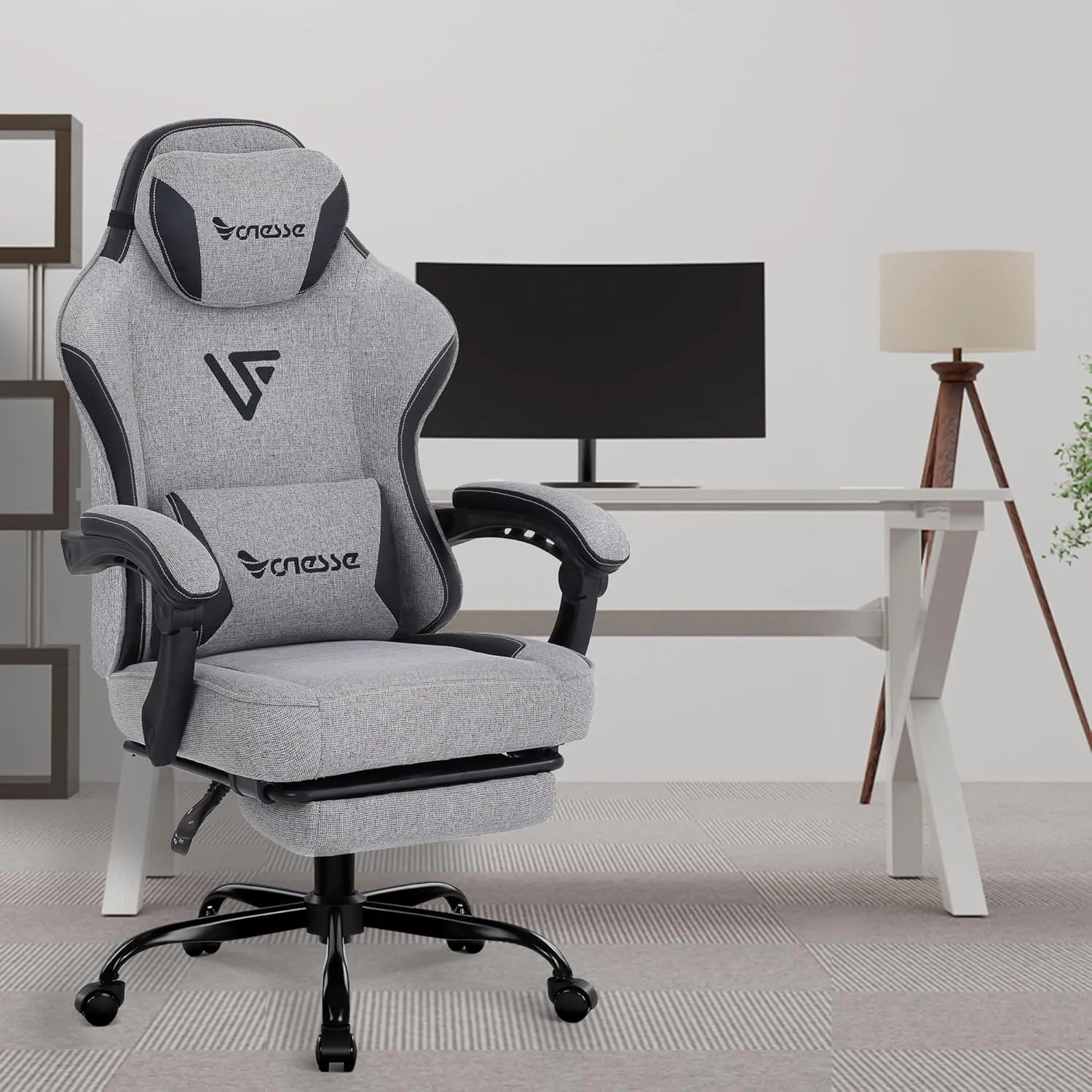 Vonesse Gaming Chair, Computer Chair Fabric with Pocket Spring Cushion, Office Chair with Footrest and Massage Lumbar Support, Reclining Gaming Chairs for Adults 250LBS (Grey)