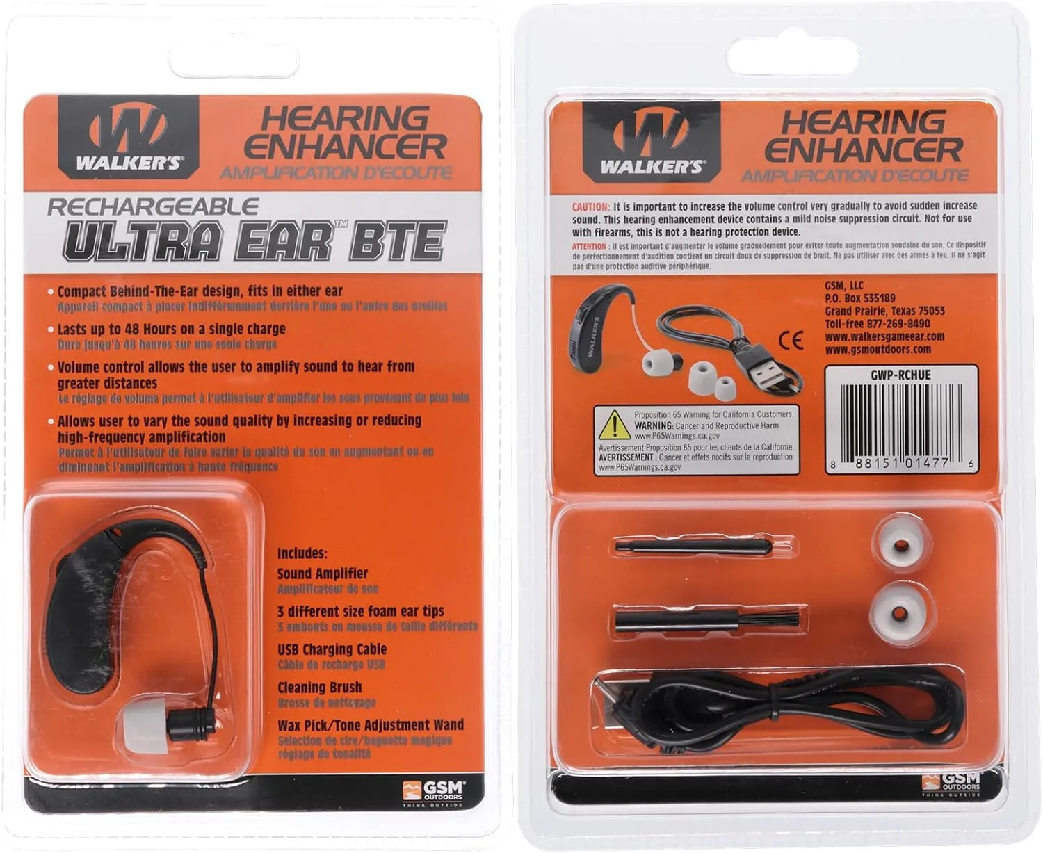 WALKER'S Ultra Ear BTE Rechargeable Compact Adjustable 22dB Noise Reduction Hunting Outdoor Sound Amplifier Hearing Enhancer | Ear Tips, USB Charging Cable, Cleaning Brush - Single