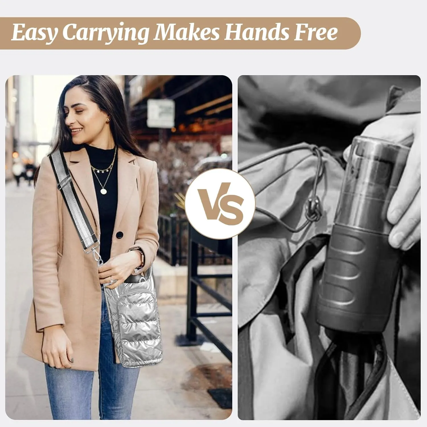 Water Bottle Holder with Strap Quilted Crossbody HydroBag Stylish Puffer Waterbottle Purses Water Bottle Sling Bag Water Bottle Accessories for Gifts Outdoor Travel Walking Hiking Camping