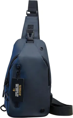 Water Repellent Cross-Body Sling Bag with USB Charging Port for Hiking, Travel, Sports, Running (Blue)