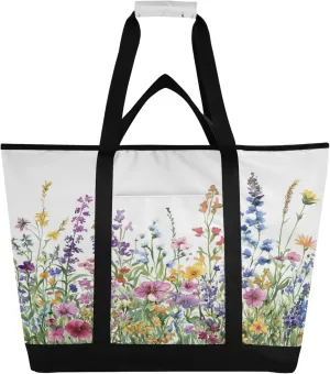 Watercolor Wildflower Reusable Insulated Cooler Bag with Ice Pack Compartment - Large 241L Waterproof Thermal Grocery Tote for Picnic Beach Camping Lunch Storage