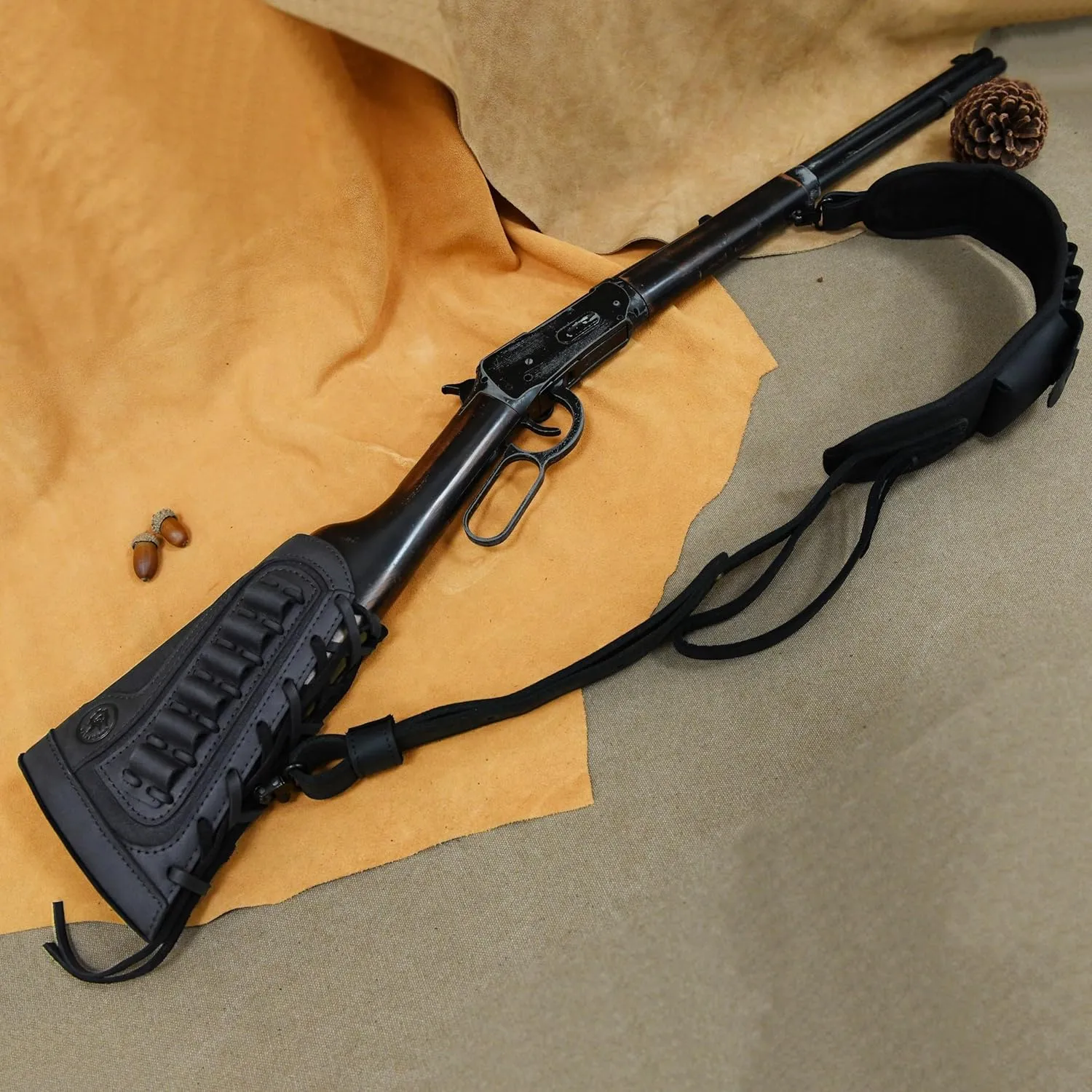 WAYNE'S DOG Canvas Leather Rifle Buttstock Cover with Match Gun Sling Shell Holder
