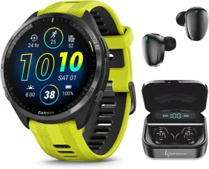 Wearable4U - Garmin Forerunner 965 Premium GPS Running and Triathlon 47 mm Smartwatch with AMOLED Touchscreen Display, Carbon Gray DLC Titanium Bezel and Yellow Silicone Band   Black Earbuds Bundle
