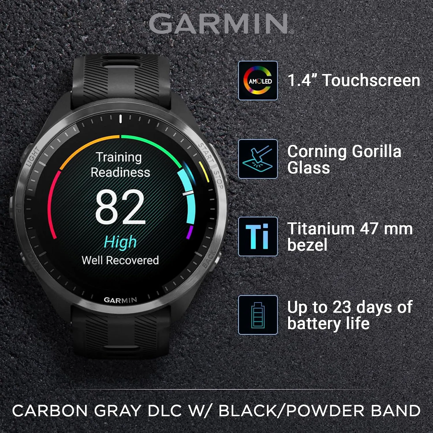 Wearable4U - Garmin Forerunner 965 Premium GPS Running and Triathlon 47mm Smartwatch with AMOLED Touchscreen Display, Carbon Gray DLC Titanium Bezel with Black Silicone Band with White Earbuds