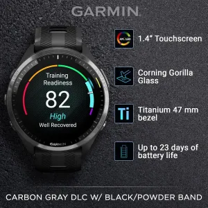 Wearable4U - Garmin Forerunner 965 Premium GPS Running and Triathlon 47mm Smartwatch with AMOLED Touchscreen Display, Carbon Gray DLC Titanium Bezel with Black Silicone Band with White Earbuds