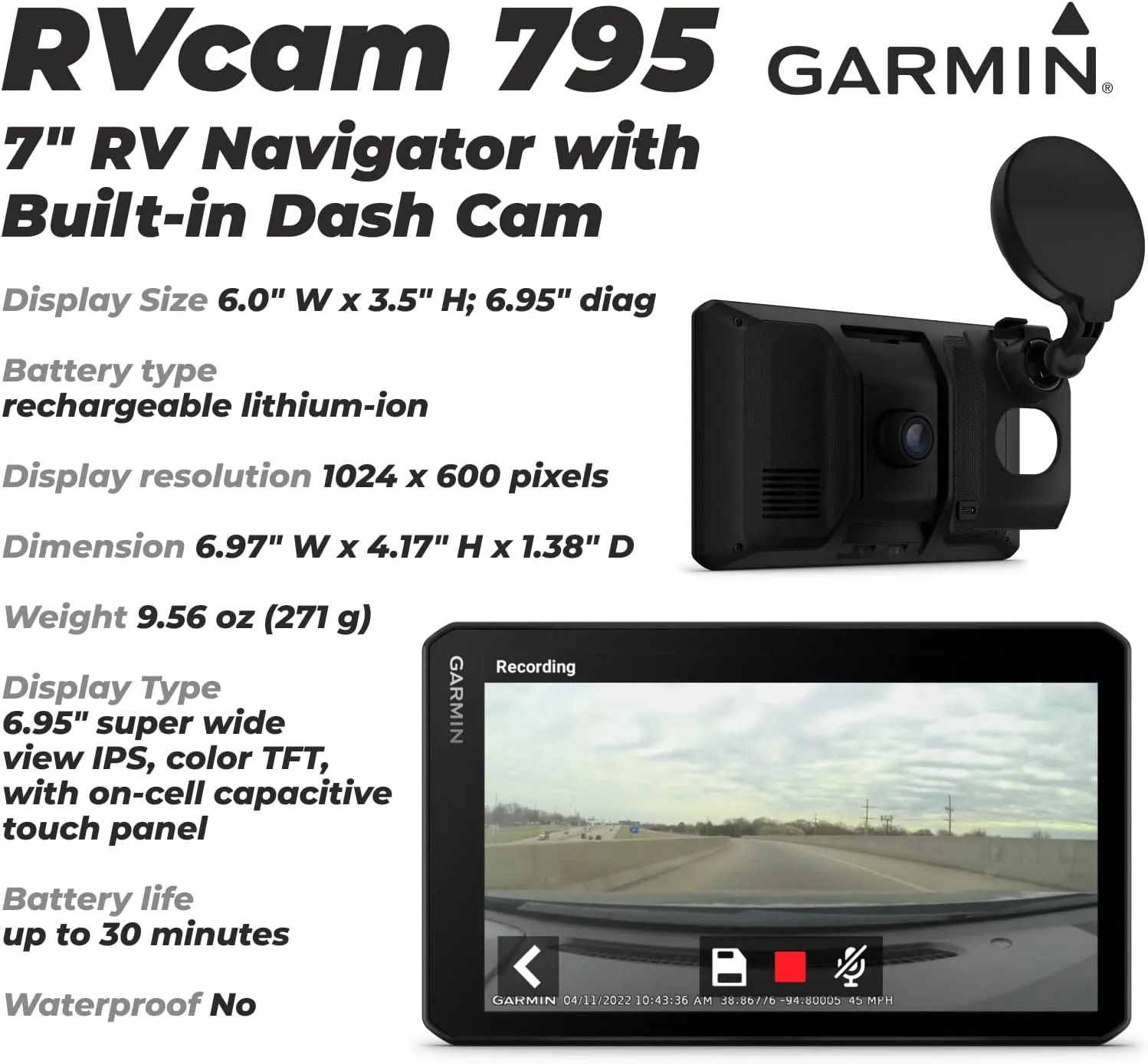 Wearable4U - Garmin RV Cam 795, Large, Easy-to-Read 7 GPS RV Navigator, Built-in Dash Cam, Automatic Incident Detection, Custom RV Routing with Power Pack Bundle