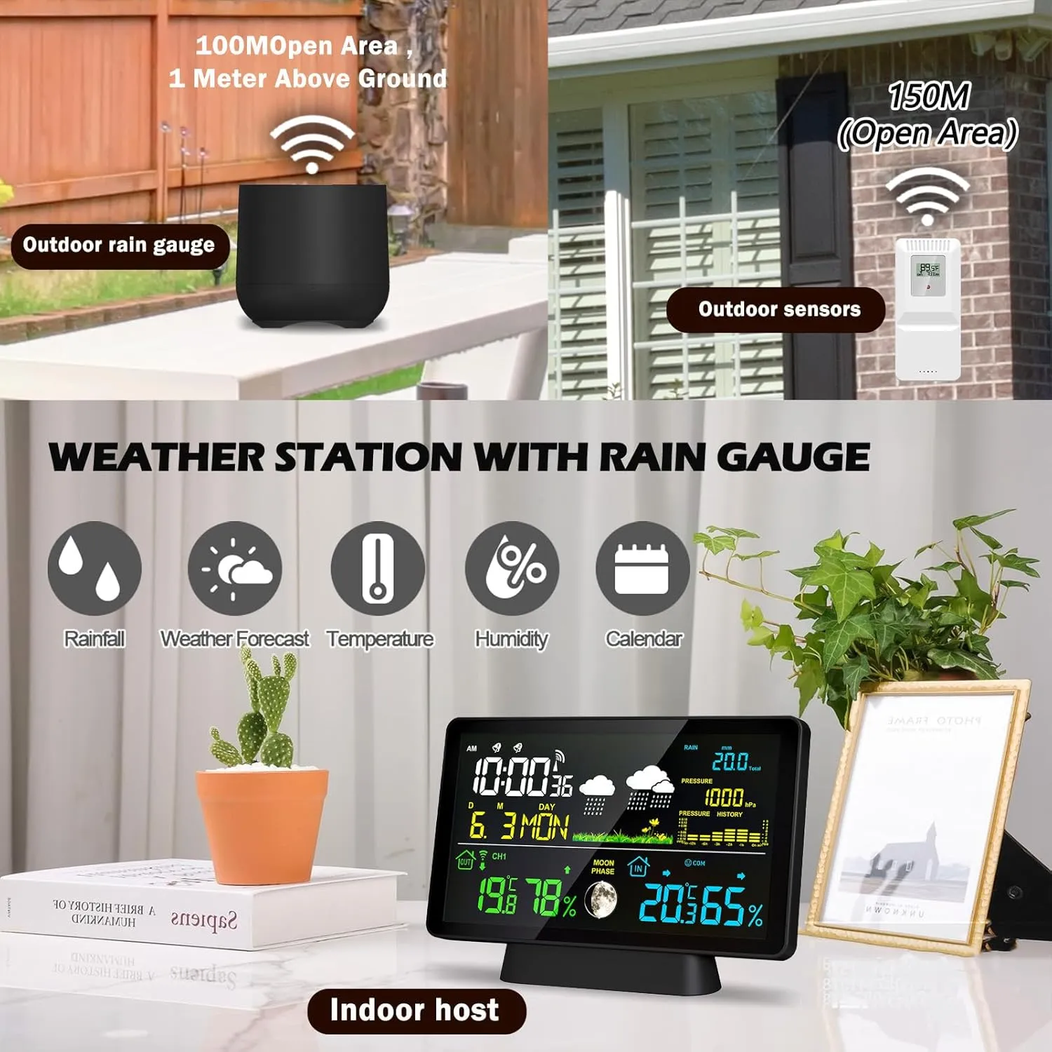 Weather Station Wireless Indoor Outdoor with Rain Gauge, Home Weather Station with Thermometer, Atomic Clock, Humidity Monitor, Weather Forecast and Barometer, Digital Rain Gauges Outdoors Best Rated