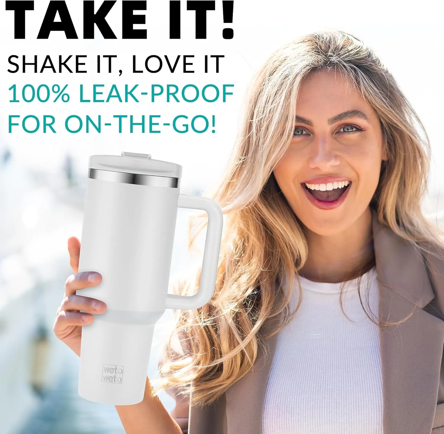 WETOWETO 40oz Tumbler with Handle and Lid | 100% Leakproof Insulated Stainless Steel Travel Mug | Keeps Cold 34Hrs/Hot 10Hrs | Dishwasher Safe, Fits Car Cup Holder (Foggy Color)