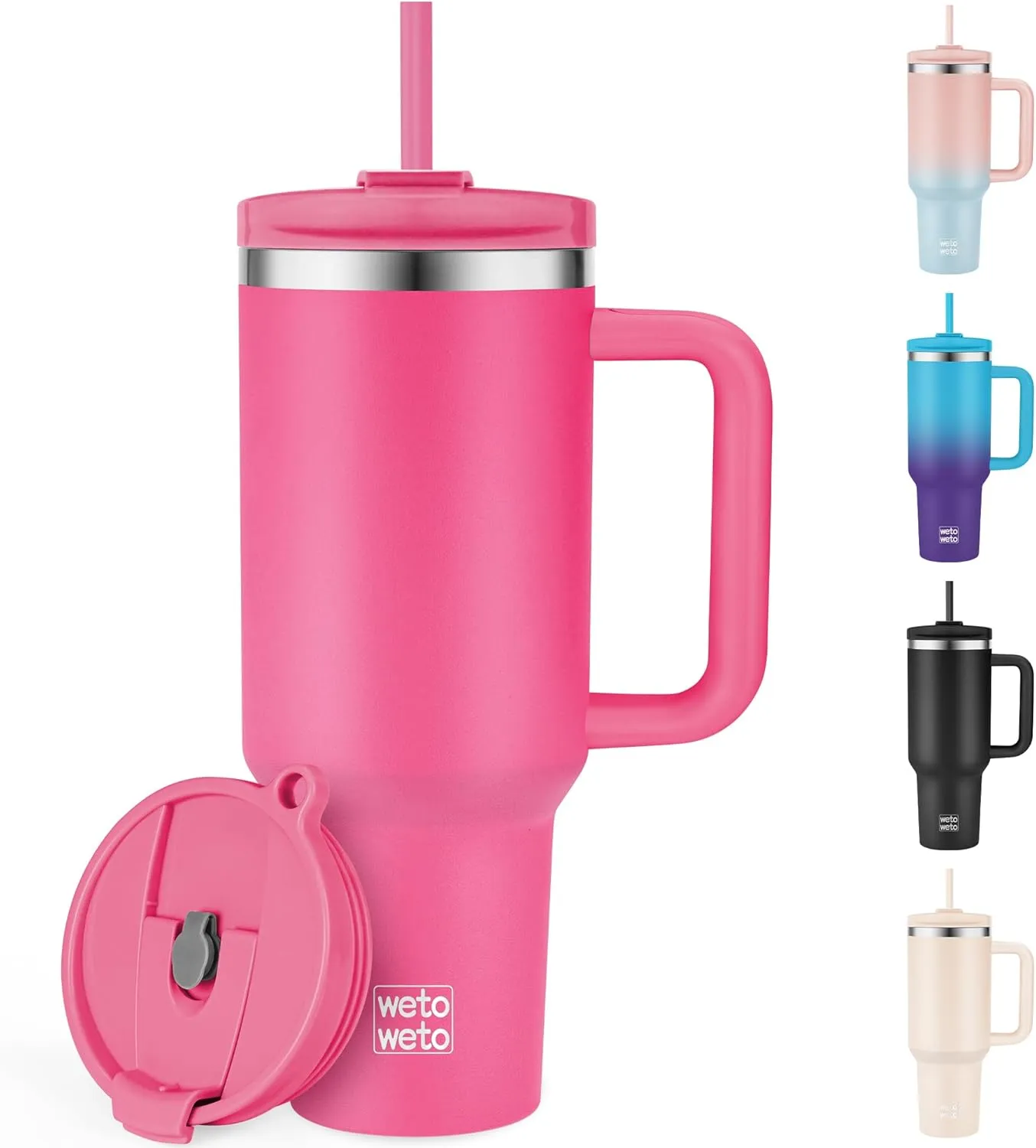 WETOWETO 40oz Tumbler with Handle | Insulated Stainless Steel Travel Mug | 34Hrs Cold & 10Hrs Hot Retention | 100% Leakproof Lid & Straw | Dishwasher Safe   Car Cup Holder Fit (Bright Pink)