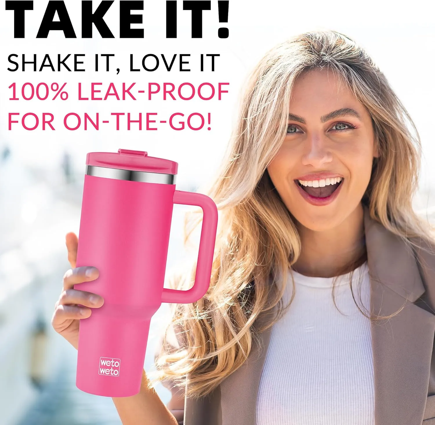 WETOWETO 40oz Tumbler with Handle | Insulated Stainless Steel Travel Mug | 34Hrs Cold & 10Hrs Hot Retention | 100% Leakproof Lid & Straw | Dishwasher Safe   Car Cup Holder Fit (Bright Pink)
