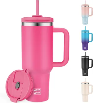 WETOWETO 40oz Tumbler with Handle | Insulated Stainless Steel Travel Mug | 34Hrs Cold & 10Hrs Hot Retention | 100% Leakproof Lid & Straw | Dishwasher Safe   Car Cup Holder Fit (Bright Pink)