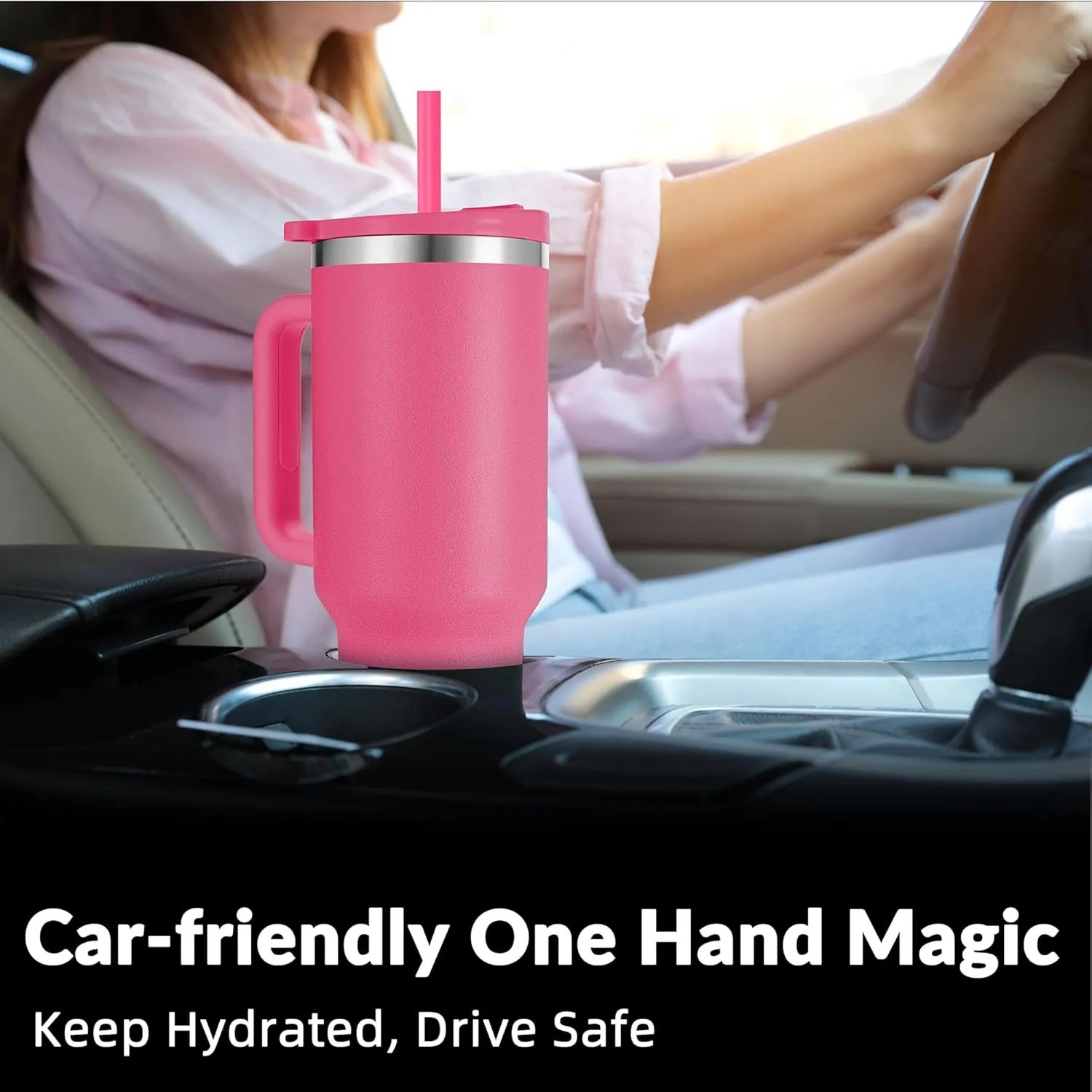 WETOWETO 40oz Tumbler with Handle | Insulated Stainless Steel Travel Mug | 34Hrs Cold & 10Hrs Hot Retention | 100% Leakproof Lid & Straw | Dishwasher Safe   Car Cup Holder Fit (Bright Pink)