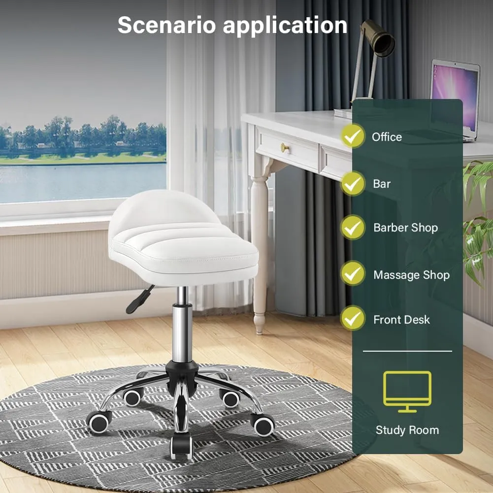 White Rolling Stool Chair with Wheel Perfect for Home Work SPA Massage Height-Adjustable and Cost-Effective Swivel Stool with Low Back