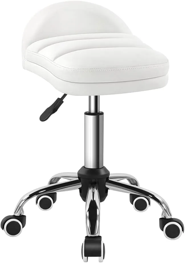 White Rolling Stool Chair with Wheel Perfect for Home Work SPA Massage Height-Adjustable and Cost-Effective Swivel Stool with Low Back